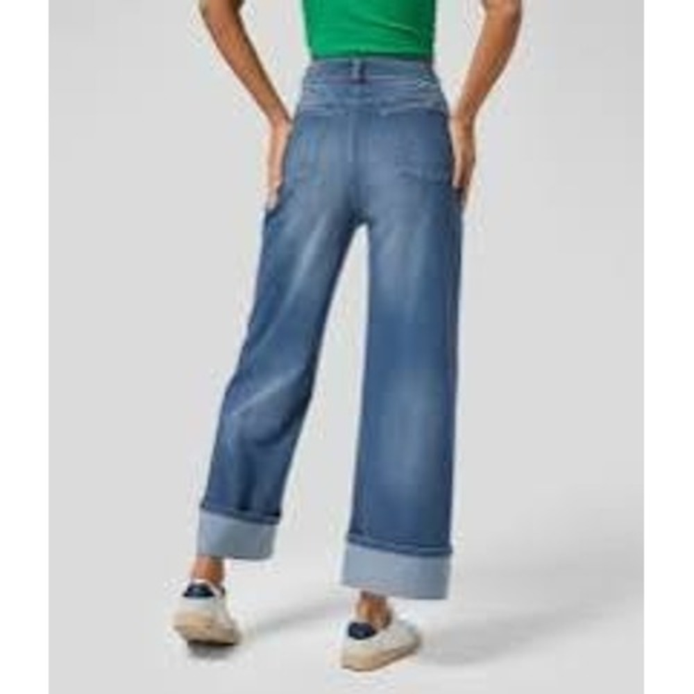 NWT Halara Wide Leg Jeans Womens L Petite Blue Flex Denim Stretch Cuffed Comfort